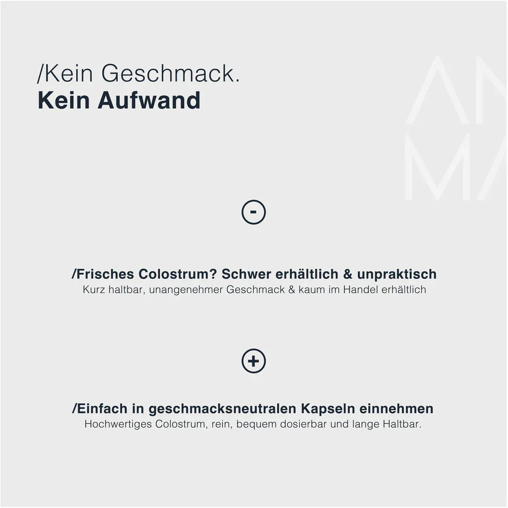 Animalbased Colostrum Kapseln 240 Stück – kein Geschmack, kein Aufwand, Vergleich frisches vs. Kapsel, Infografik
