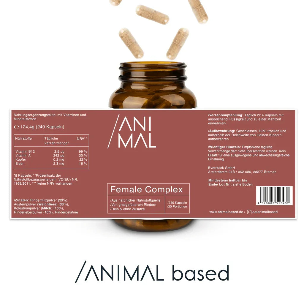 Animalbased Female Complex Kapseln 240 Stück – Etikettenrückseite, Nährwerte, grasgefüttert, rein & ohne Zusätze
