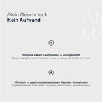 Animalbased Female Complex – Infografik: kein Geschmack, kein Aufwand, Vergleich Organe essen vs. Kapsel
