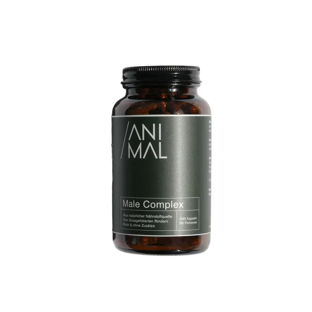Animalbased Male Complex 240 Kapseln – braune Glasflasche, geschlossen, transparenter Hintergrund, Frontansicht
