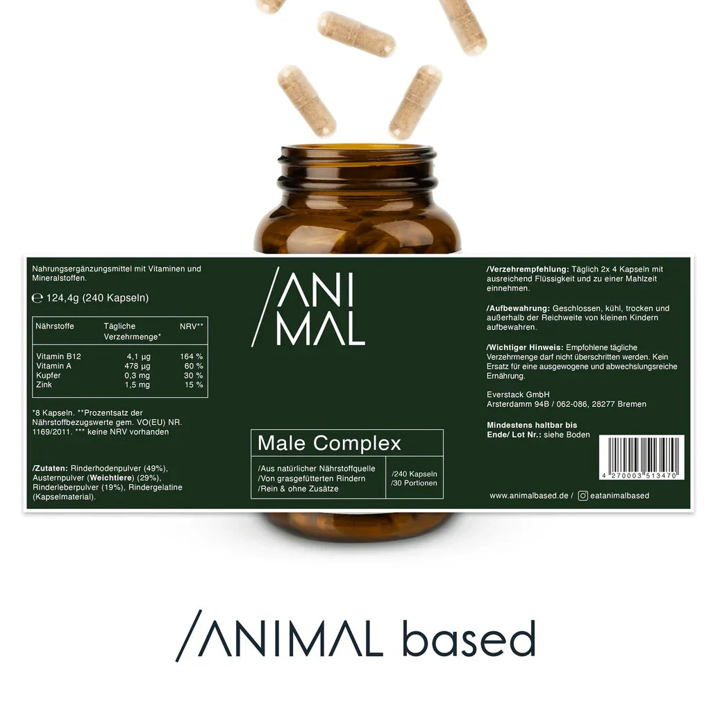 Animalbased Male Complex 240 Kapseln – offene Glasflasche, fliegende Kapseln, Etikettenrückseite, weißer Hintergrund
