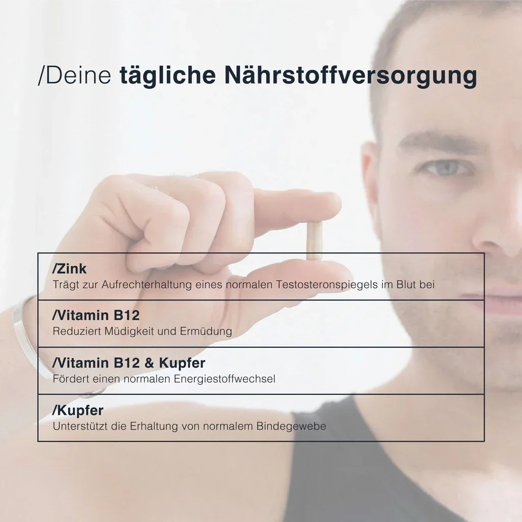 Animalbased Male Complex – Infografik: Zink, Vitamin B12 & Kupfer, tägliche Nährstoffversorgung, Mann hält Kapsel
