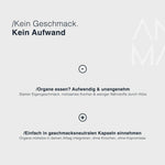Animalbased Male Complex – Infografik: kein Geschmack, kein Aufwand, Vergleich Organe essen vs. Kapsel
