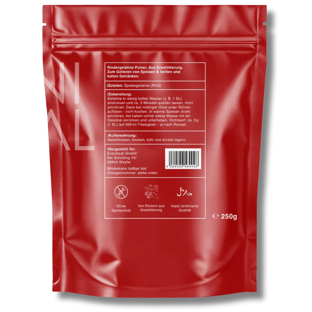Animalbased Rindergelatine Pulver 250g – Rückseite, Grasfütterung, halal zertifiziert, ohne Gentechnik