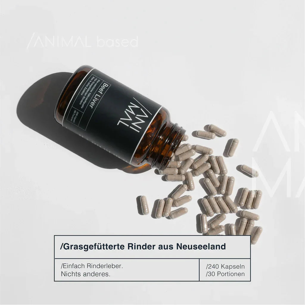 Animalbased Rinderleber 240 Kapseln – Glas liegend, Kapseln drumherum, grasgefütterte Weiderinder aus Neuseeland