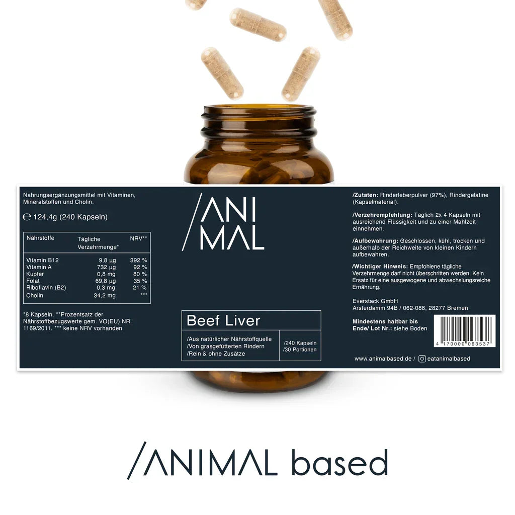 Animalbased Rinderleber 240 Kapseln – Flasche und Etikett, freigestellt, premium Rinderleber Kapseln