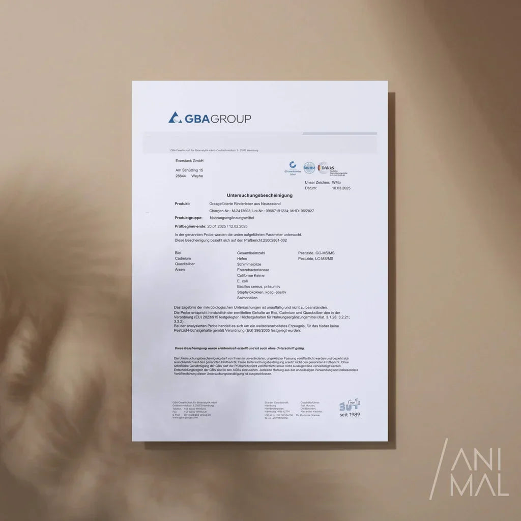 Animalbased Rinderleber 240 Kapseln – Analysezertifikat, Qualitätsprüfung, geprüfte Inhaltsstoffe