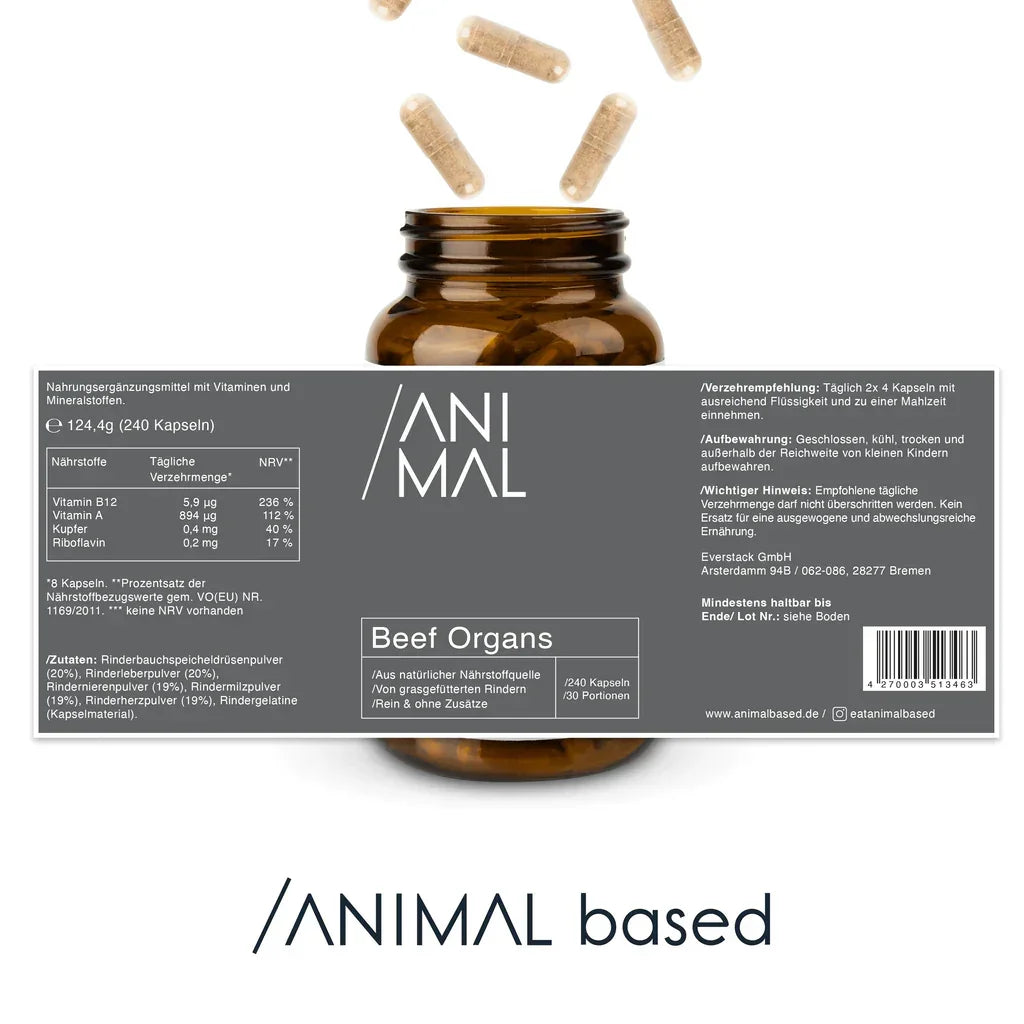 Animalbased Beef Organs Rinderorgane 240 Kapseln – Etikett, Nährwerte, Vitamin B12, Vitamin A, Kupfer, grasgefütterte Rinder