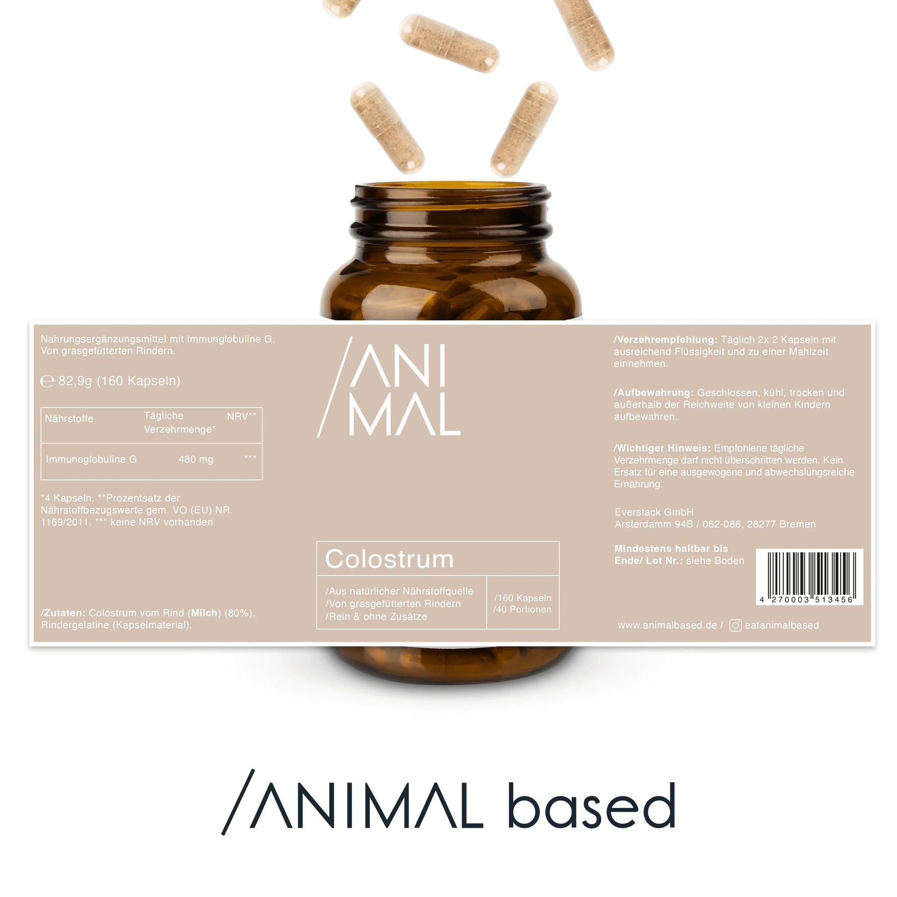 Animalbased Colostrum Kapseln 160 Stück – offene Glasflasche mit fliegenden Kapseln, Etikettenrückseite sichtbar