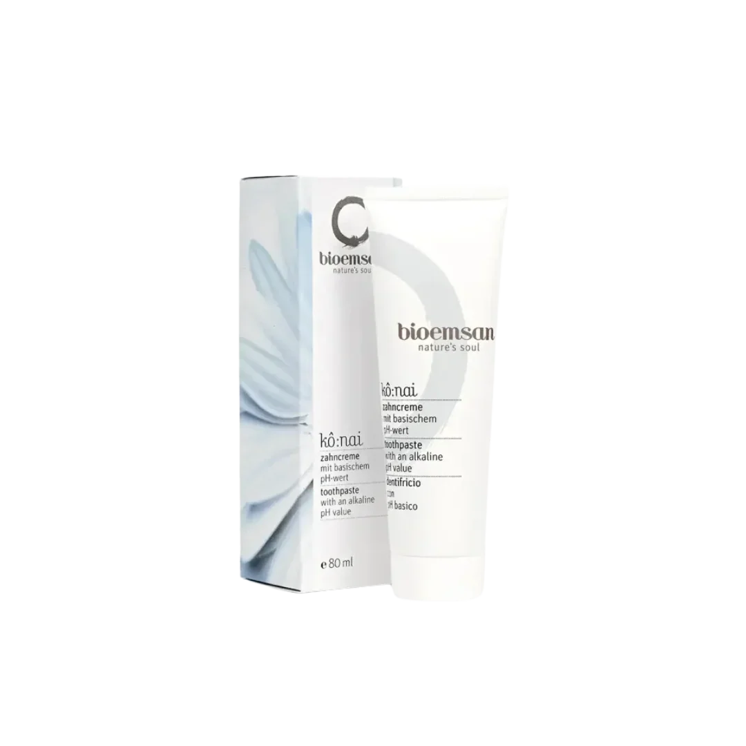 Bioemsen Zahncreme 80ml basisch – Tube und Verpackung Vorderansicht, freigestellt