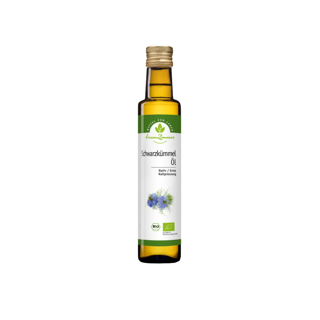 Bruno Zimmer Schwarzkümmelöl 250ml – Flasche Vorderansicht, freigestellt, premium Schwarzkümmelö