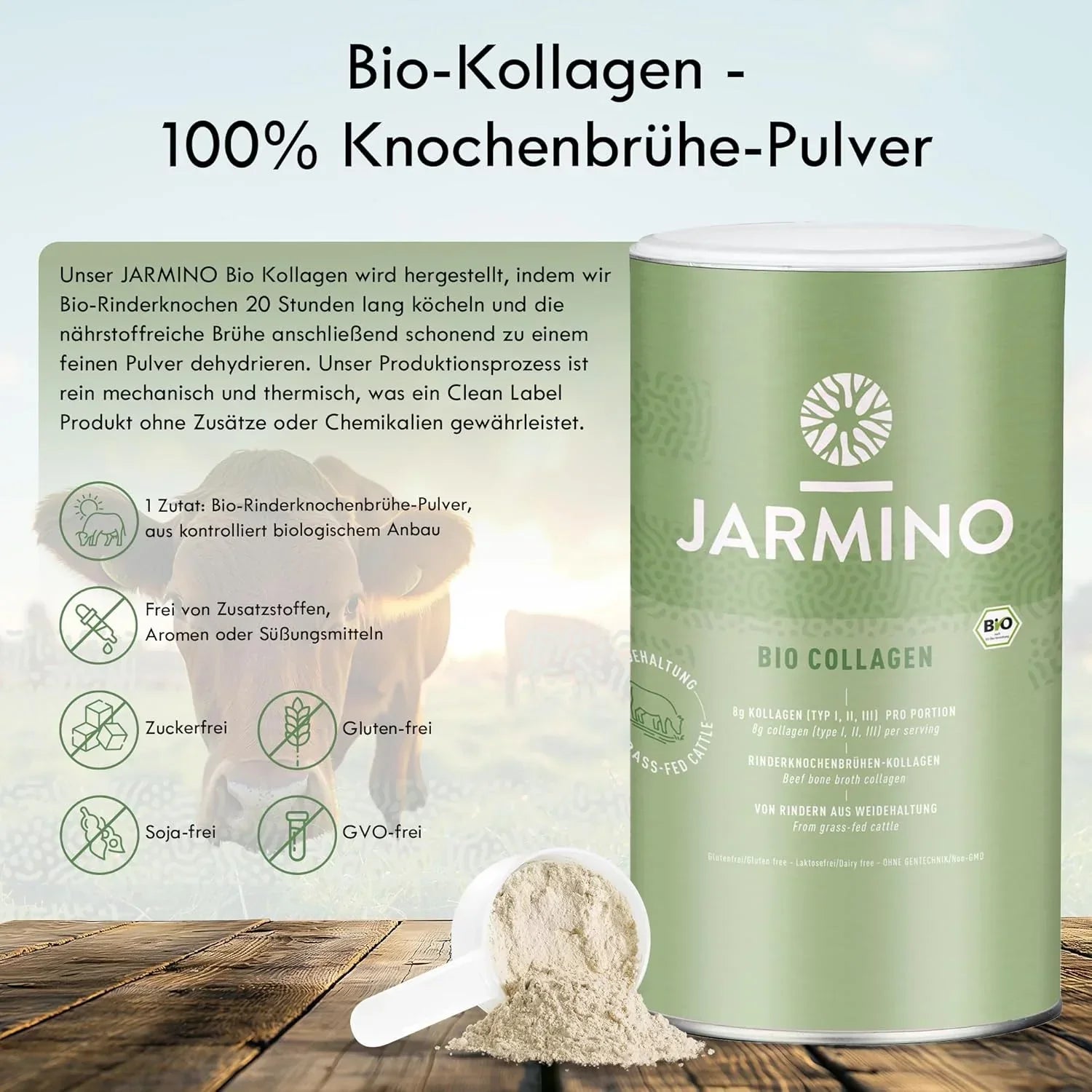 Jarmino Bio Kollagen 300g – 100% Knochenbrühe Pulver, grasgefütterte Weiderinder, natürliche Inhaltsstoffe