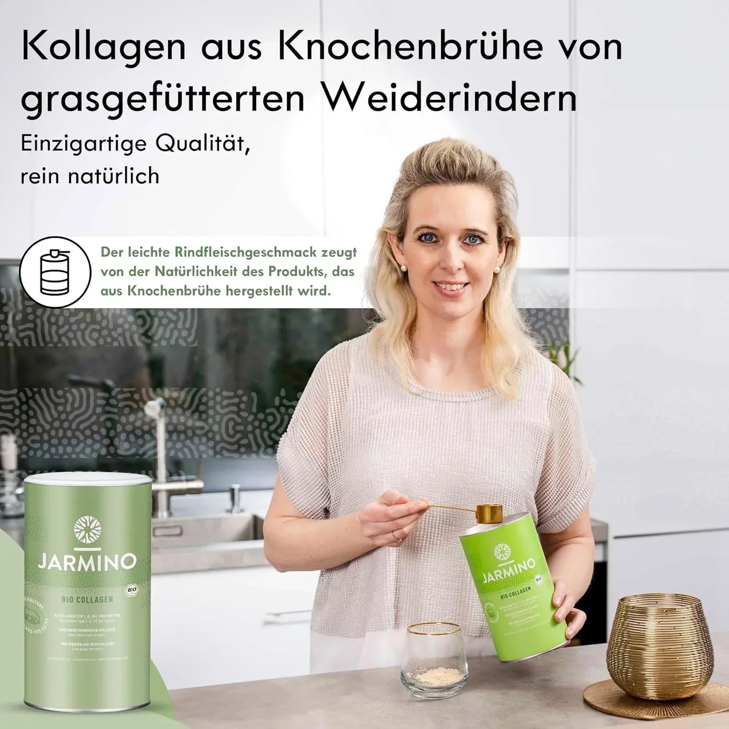 armino Bio Kollagen 300g – Frau bei der Anwendung, grasgefütterte Weiderinder, natürliches Kollagen