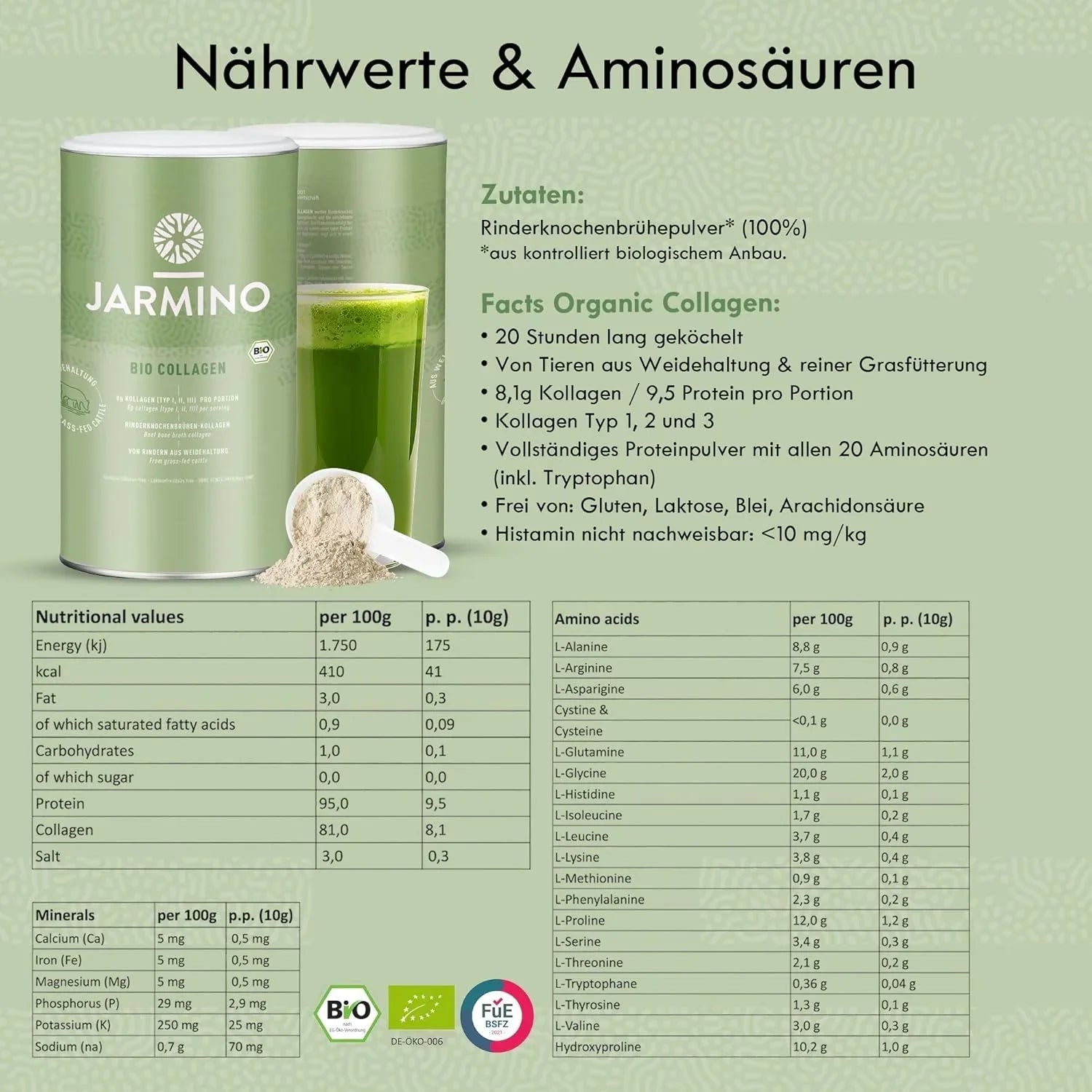 Jarmino Bio Kollagen 300g – Nährwertetabelle, Aminosäureprofil, Inhaltsstoffe