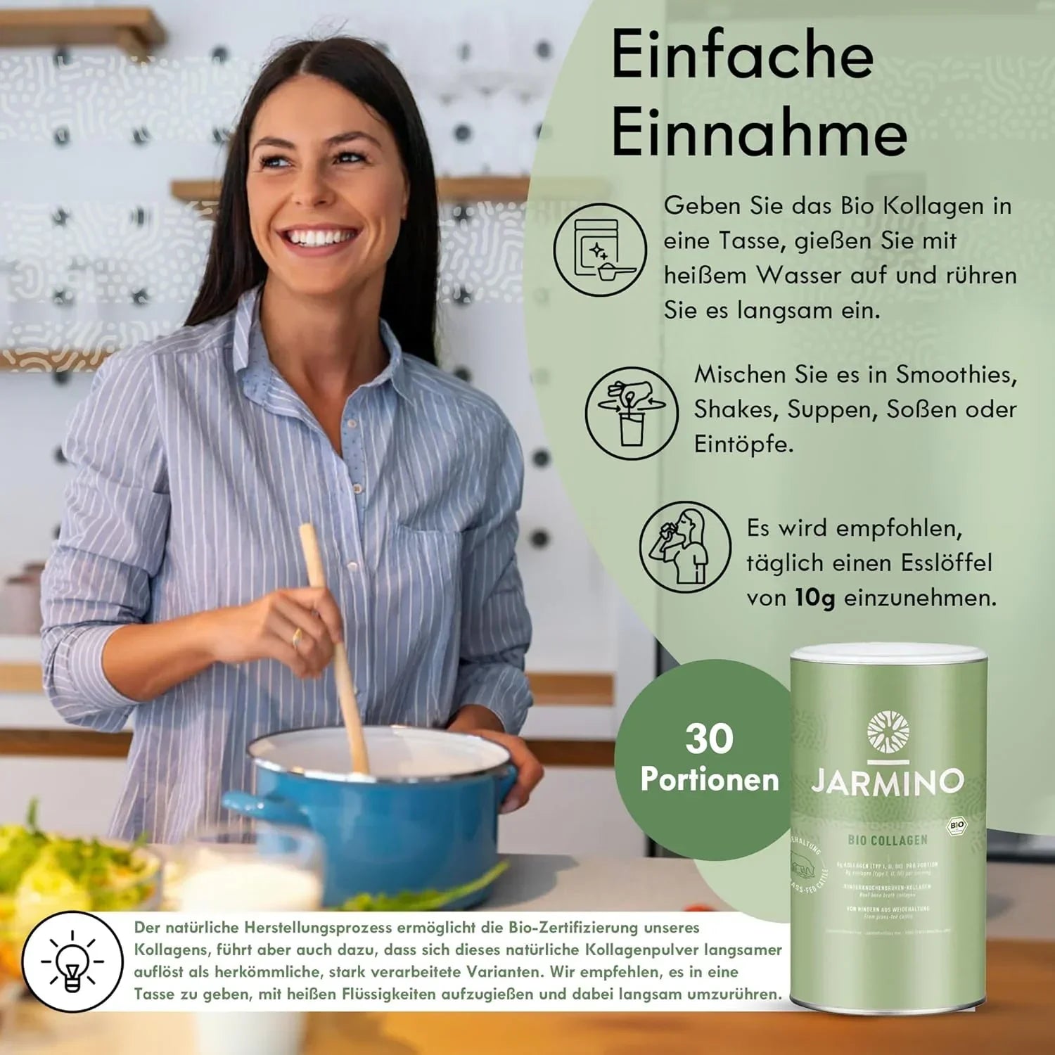 Jarmino Bio Kollagen 300g – Frau bei der Zubereitung, Einnahmeempfehlung, in Shakes, Smoothies, Suppen oder Eintöpfe einrühren