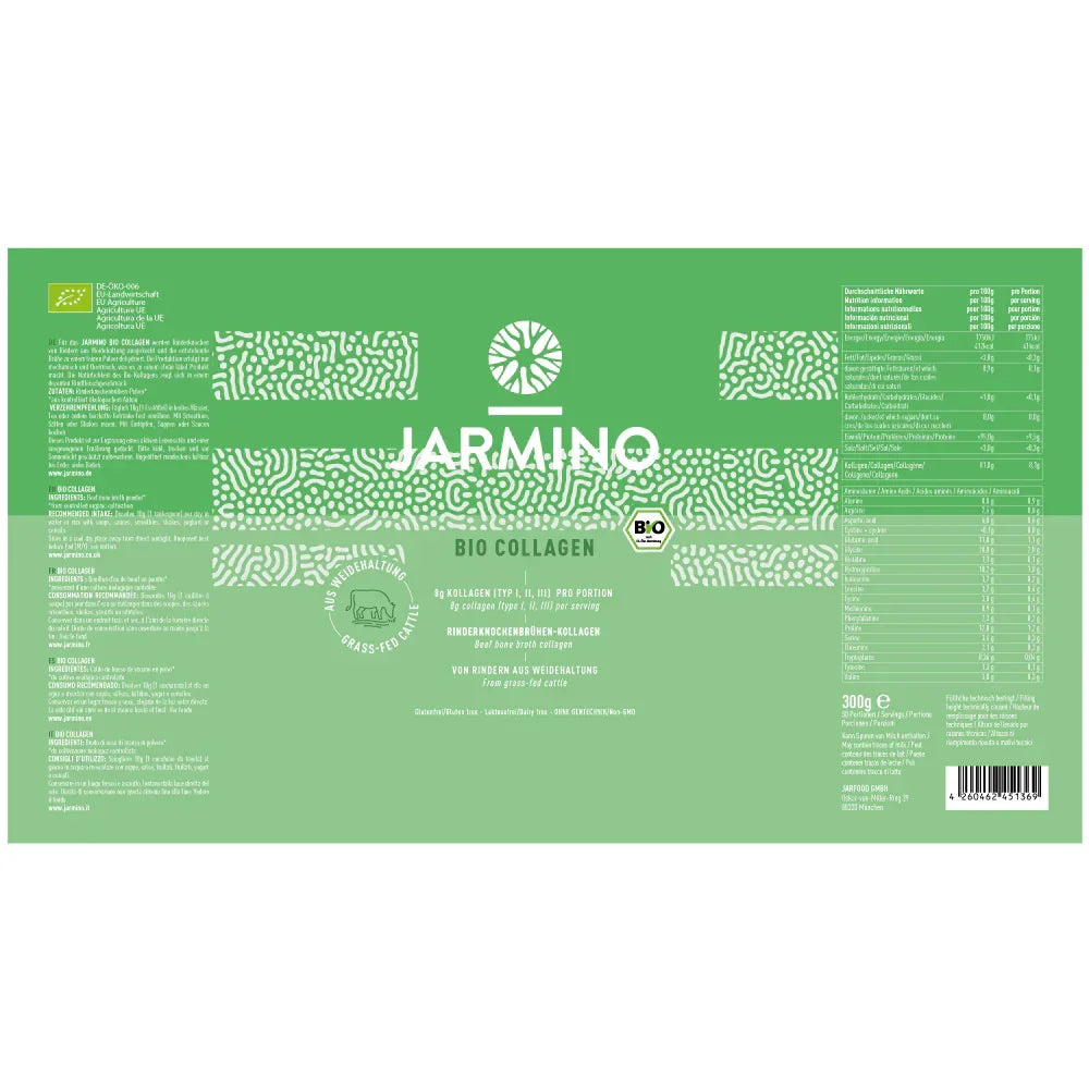 Jarmino Bio Kollagen 300g – Etikett, Produktbeschriftung, Inhaltsstoffe
