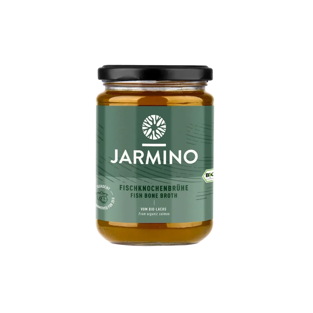 Jarmino Fischknochenbrühe 350ml – Glasflasche Vorderansicht, freigestellt, premium Knochenbrühe