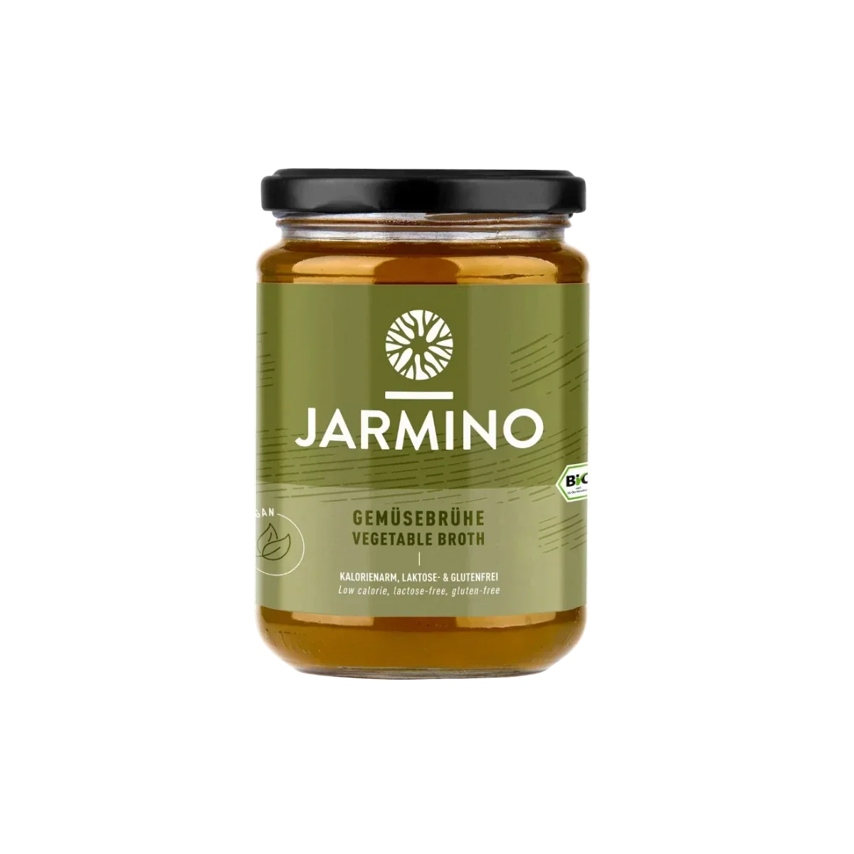 Jarmino Gemüsebrühe 350ml – Glasflasche freigestellt, premium Gemüsebrühe