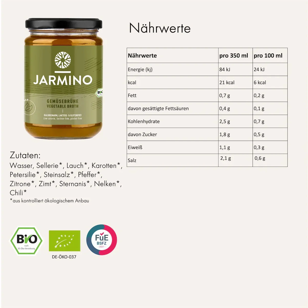 Jarmino Gemüsebrühe 350ml – Nährwertetabelle, Inhaltsstoffe, Nährwerte