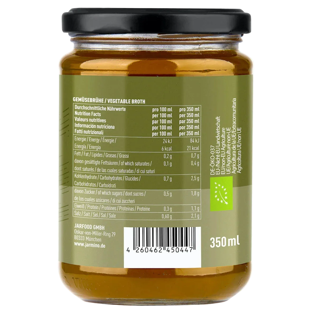 Jarmino Gemüsebrühe 350ml – Glasflasche Rückseite mit Nährwertetabelle, Inhaltsstoffe, Nährwerte