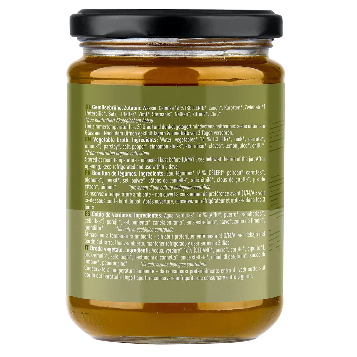 Jarmino Gemüsebrühe 350ml – Rückseite Etikett, mehrsprachig, Inhaltsstoffe
