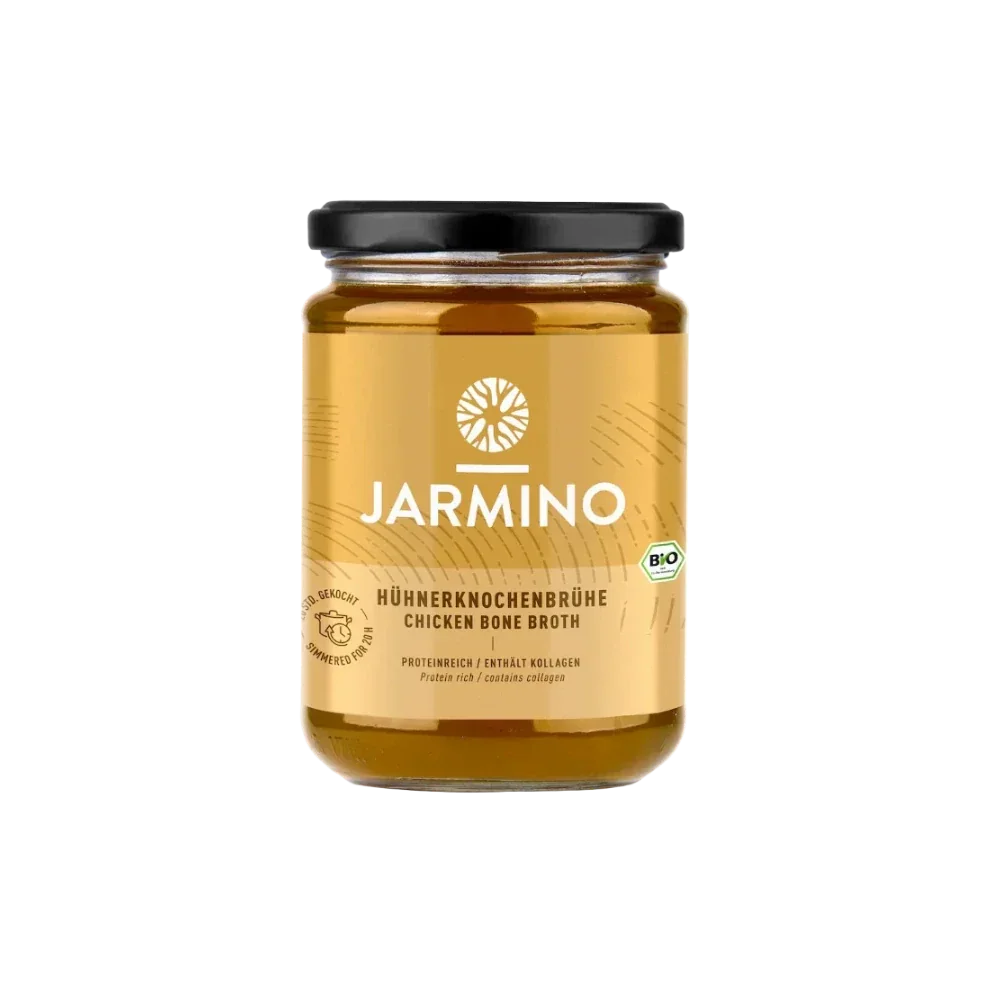 Jarmino Hühnerknochenbrühe 350ml – Brühe im Glas, freigestellt, nährstoffreich