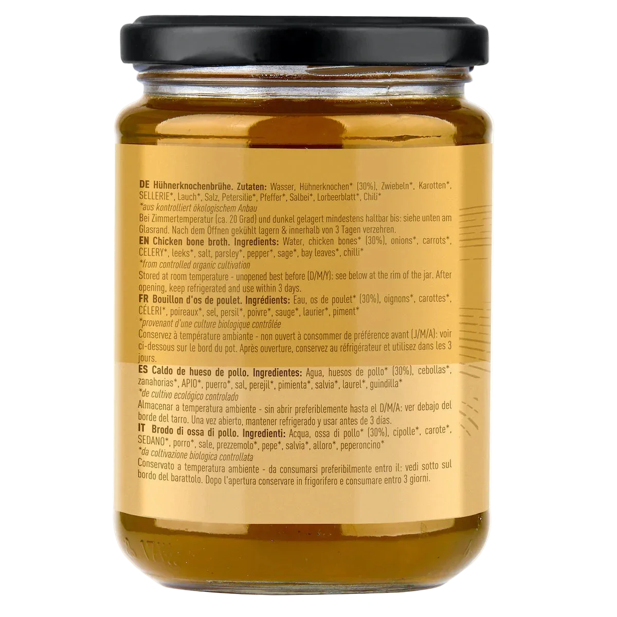 Jarmino Hühnerknochenbrühe 350ml – Rückseite Etikett, mehrsprachig, Inhaltsstoffe