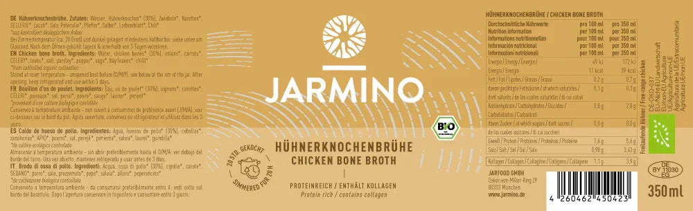 Jarmino Hühnerknochenbrühe 350ml – Etikett, Produktbeschriftung, Inhaltsstoffe
