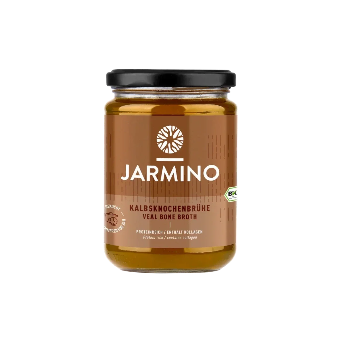 Jarmino Kalbsknochenbrühe 350ml – Glasflasche Vorderansicht, freigestellt, premium Knochenbrühe