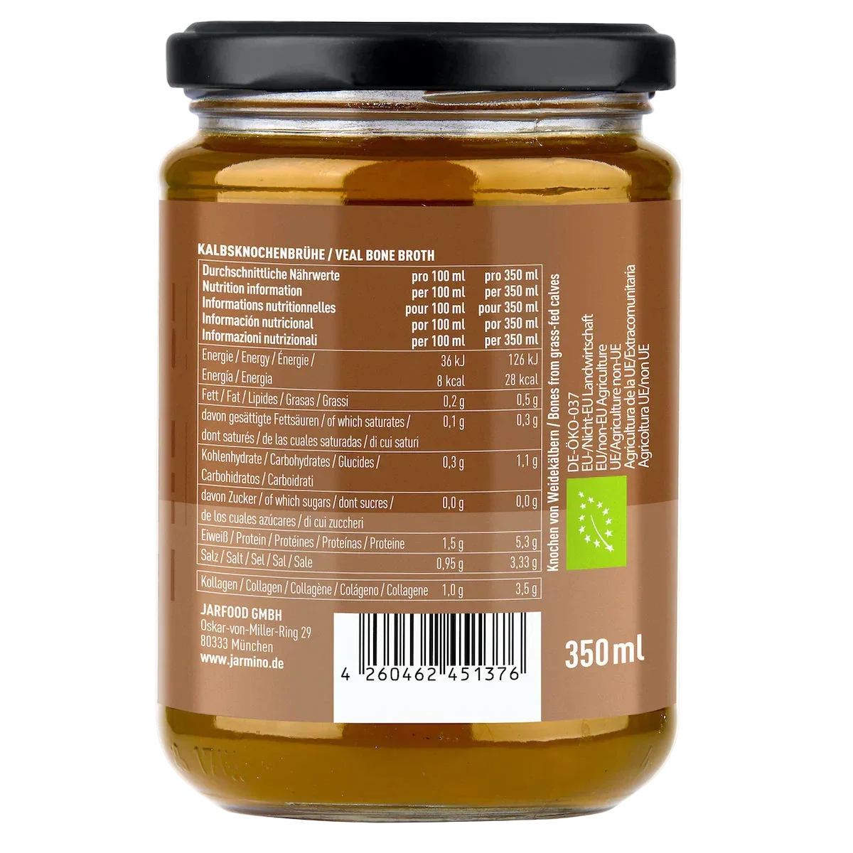 Jarmino Kalbsknochenbrühe 350ml – Glasflasche mit Nährwertetabelle, Inhaltsstoffe, Nährwerte