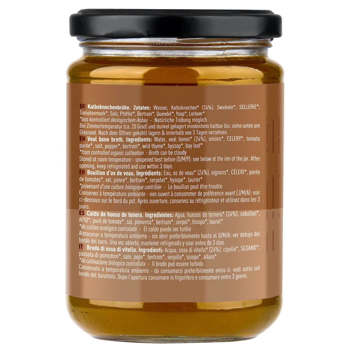 Jarmino Kalbsknochenbrühe 350ml – Rückseite Etikett, mehrsprachig, Inhaltsstoffe