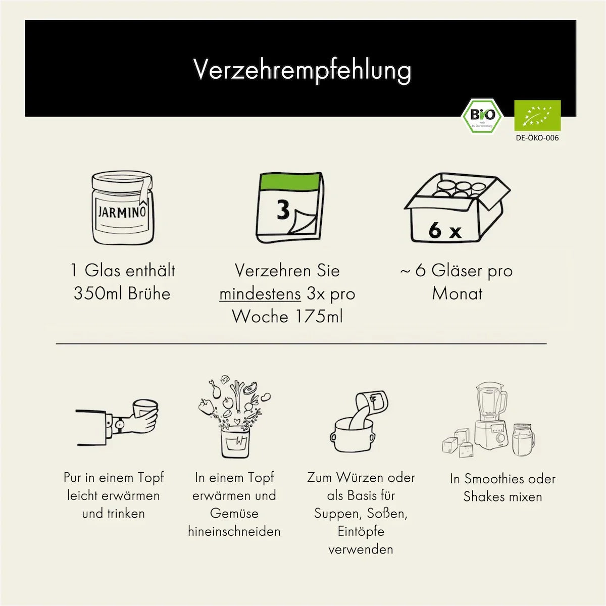Jarmino Kalbsknochenbrühe 350ml – Verzehrempfehlung, Dosierung, Anwendung
