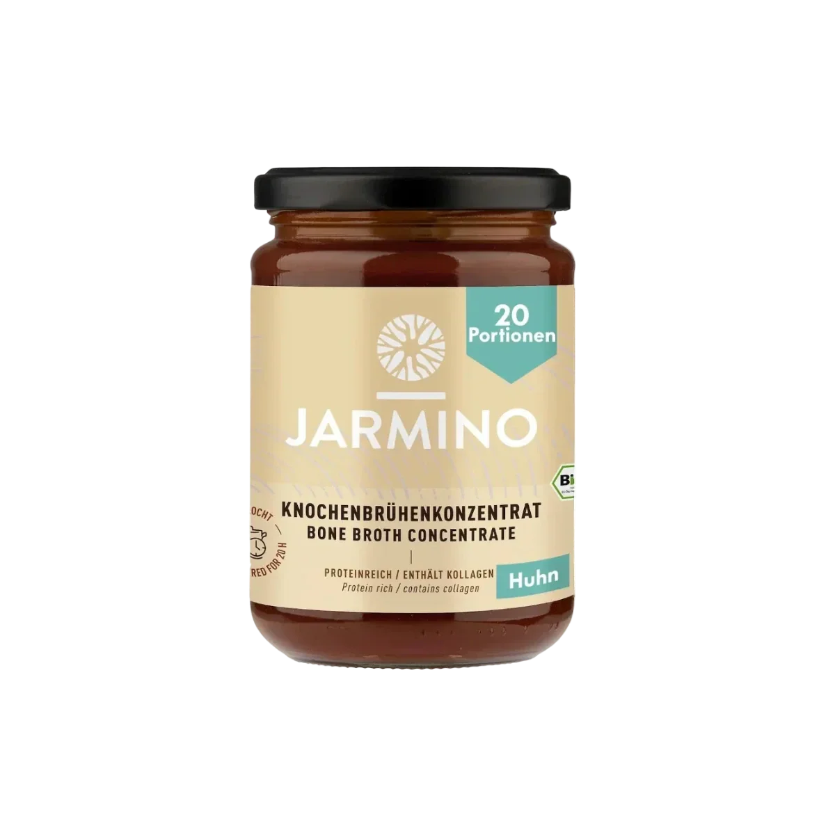 Jarmino Hühnerknochenbrühe Konzentrat 200g – Glas freigestellt, premium Knochenbrühe