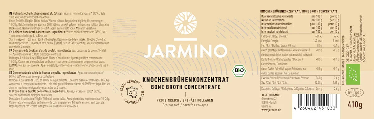 Jarmino Hühnerknochenbrühe Konzentrat 410g – Etikett, Produktbeschriftung, Inhaltsstoffe