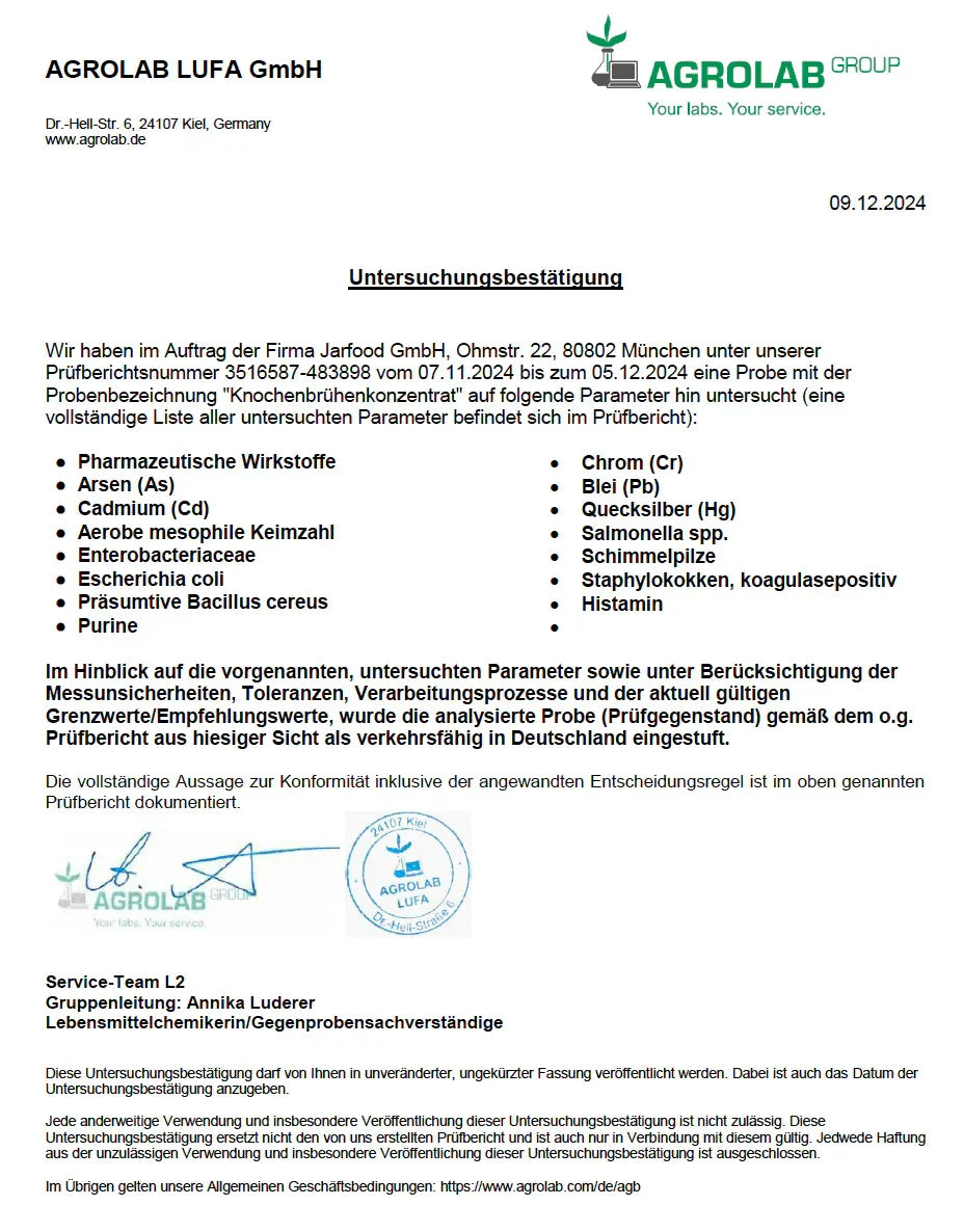 Jarmino Hühnerknochenbrühe Konzentrat – Laboranalyse, Qualitätsprüfung, Testergebnisse