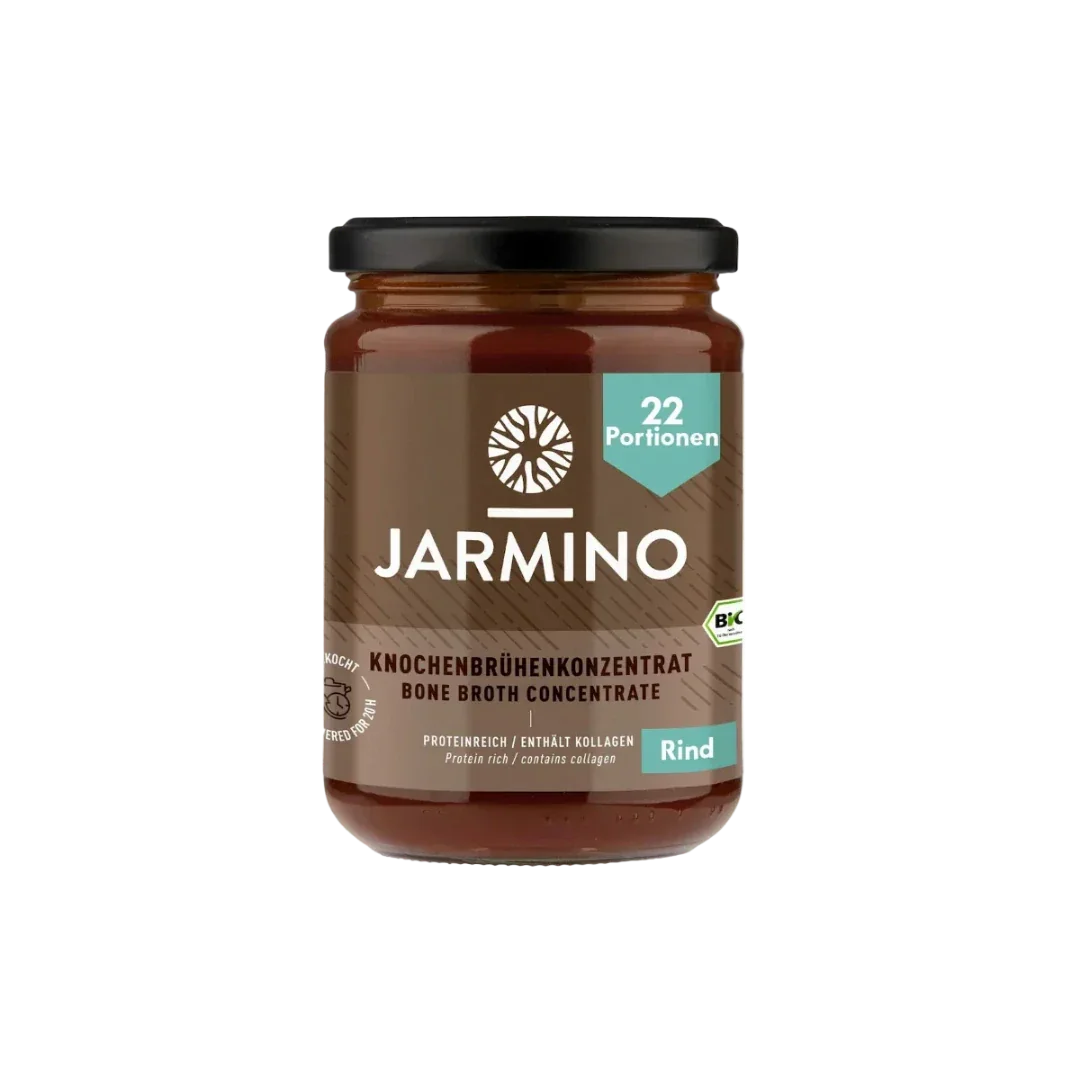 Jarmino Rinderknochenbrühe Konzentrat 220g – Glas freigestellt, premium Knochenbrühe