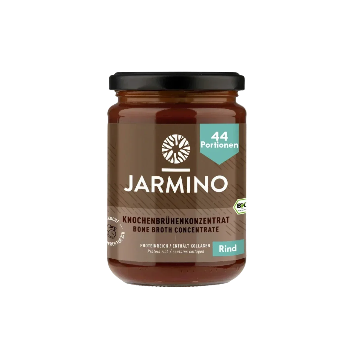 Jarmino Rinderknochenbrühe Konzentrat 440g – Glas freigestellt, premium Knochenbrühe