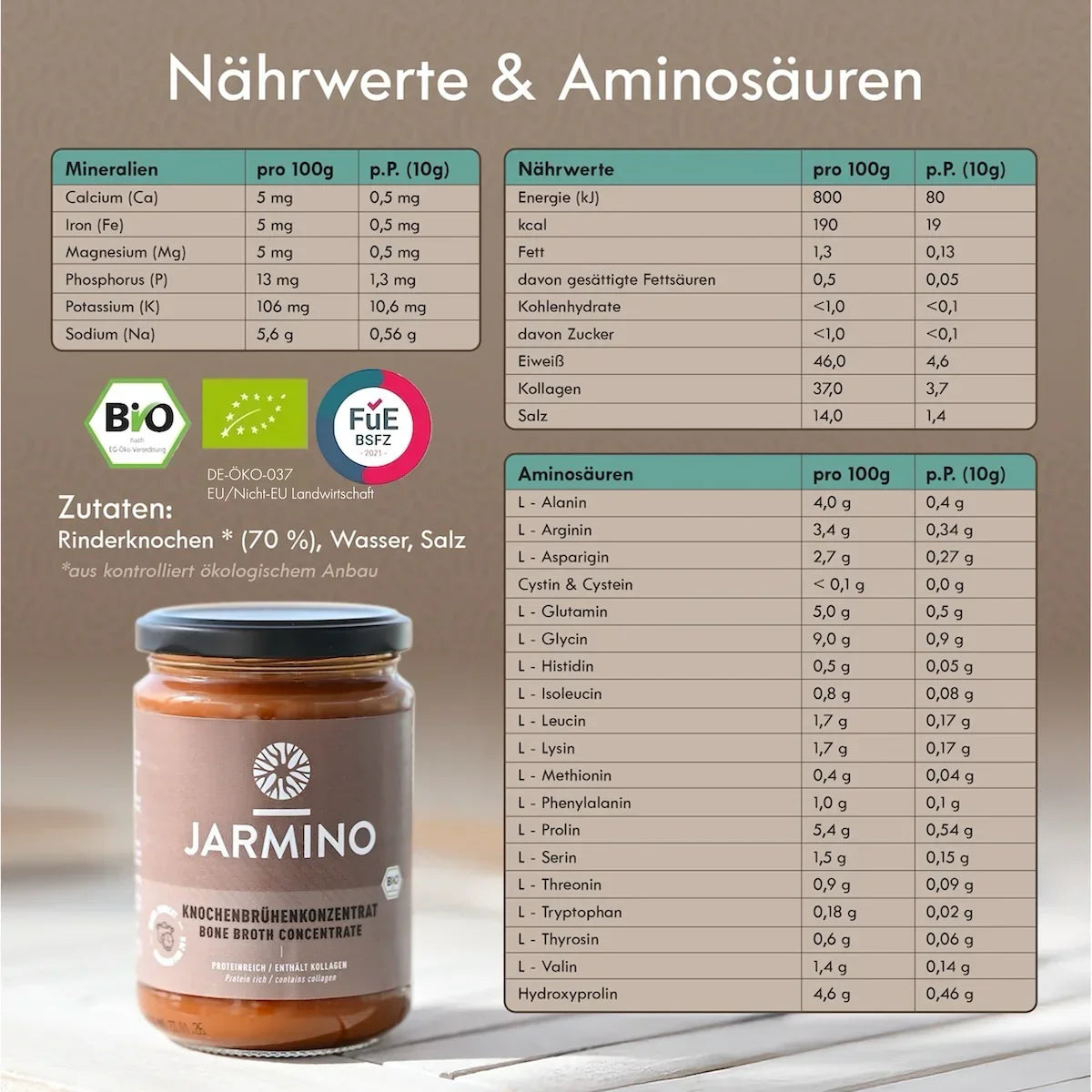 Jarmino Rinderknochenbrühe Konzentrat 440g – Nährwertetabelle, Aminosäuren, Inhaltsstoffe