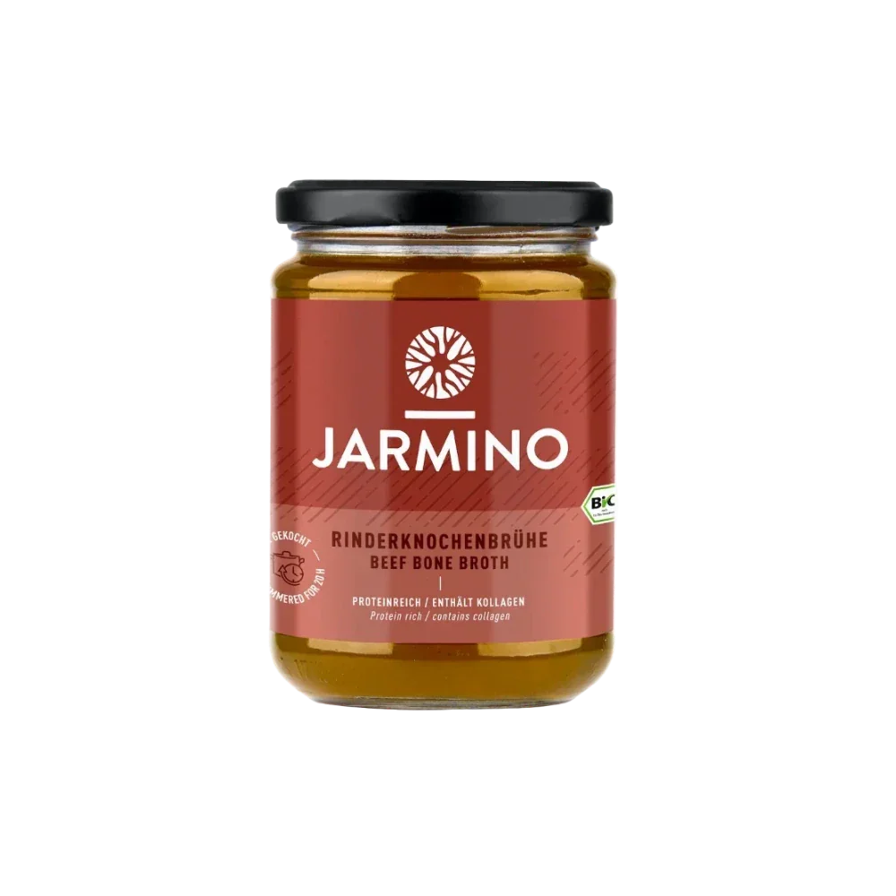 Jarmino Rinderknochenbrühe 350ml – Brühe im Glas, freigestellt, nährstoffreich