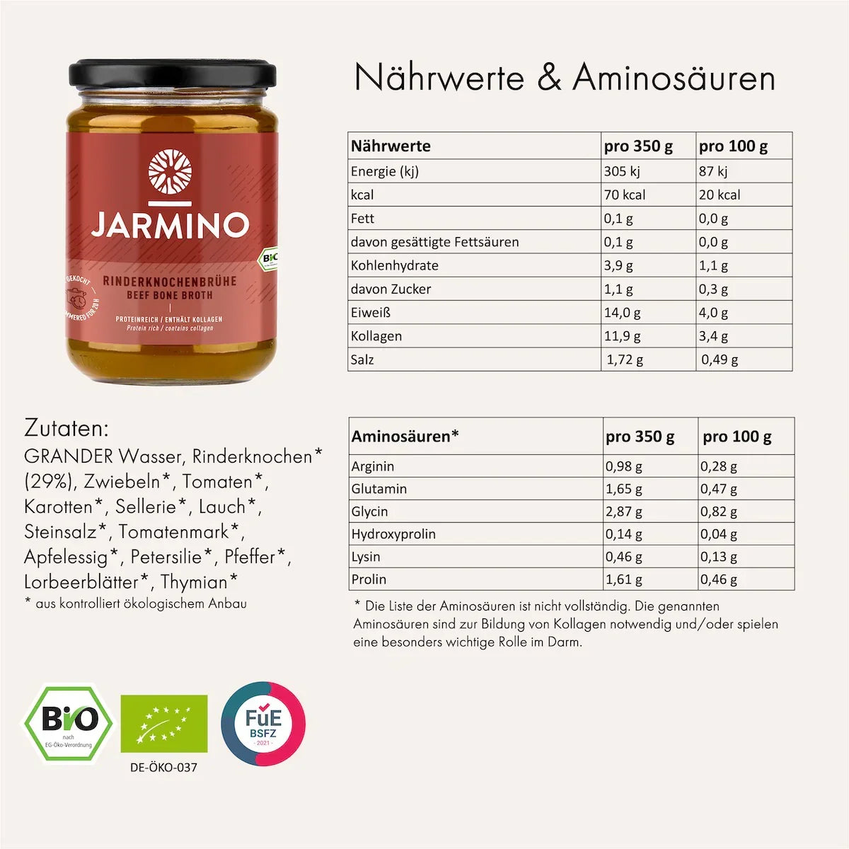 Jarmino Rinderknochenbrühe 350ml – Aminosäuretabelle und Nährwertetabelle, Inhaltsstoffe