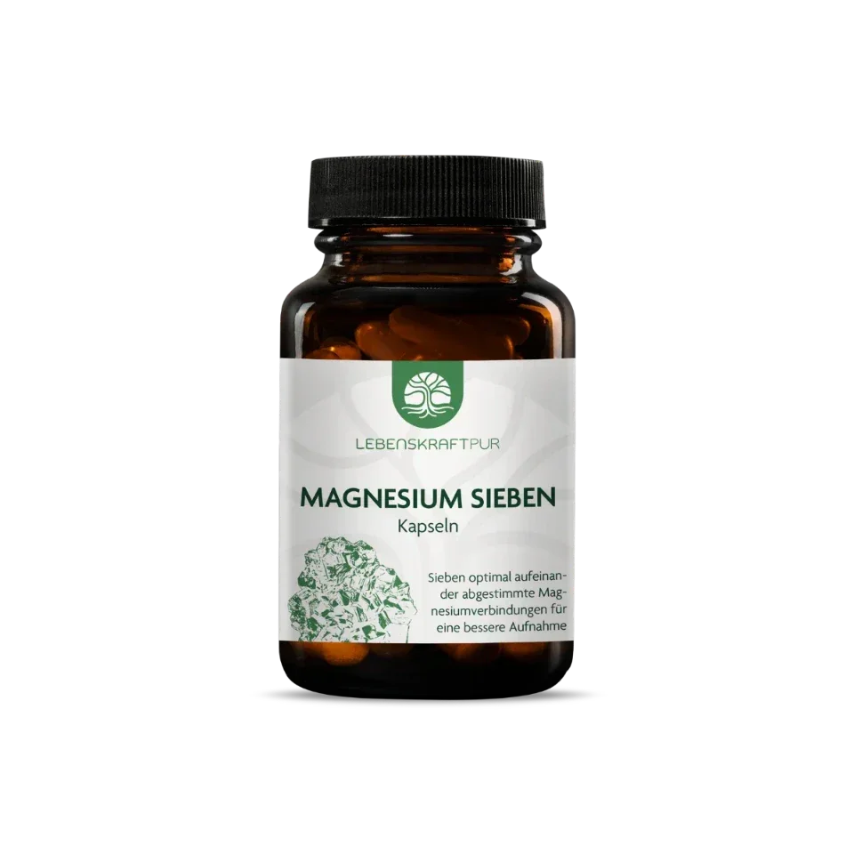 Lebenskraftpur Magnesium Sieben 60 Kapseln – Glasflasche Vorderansicht, freigestellt, premium Magnesium