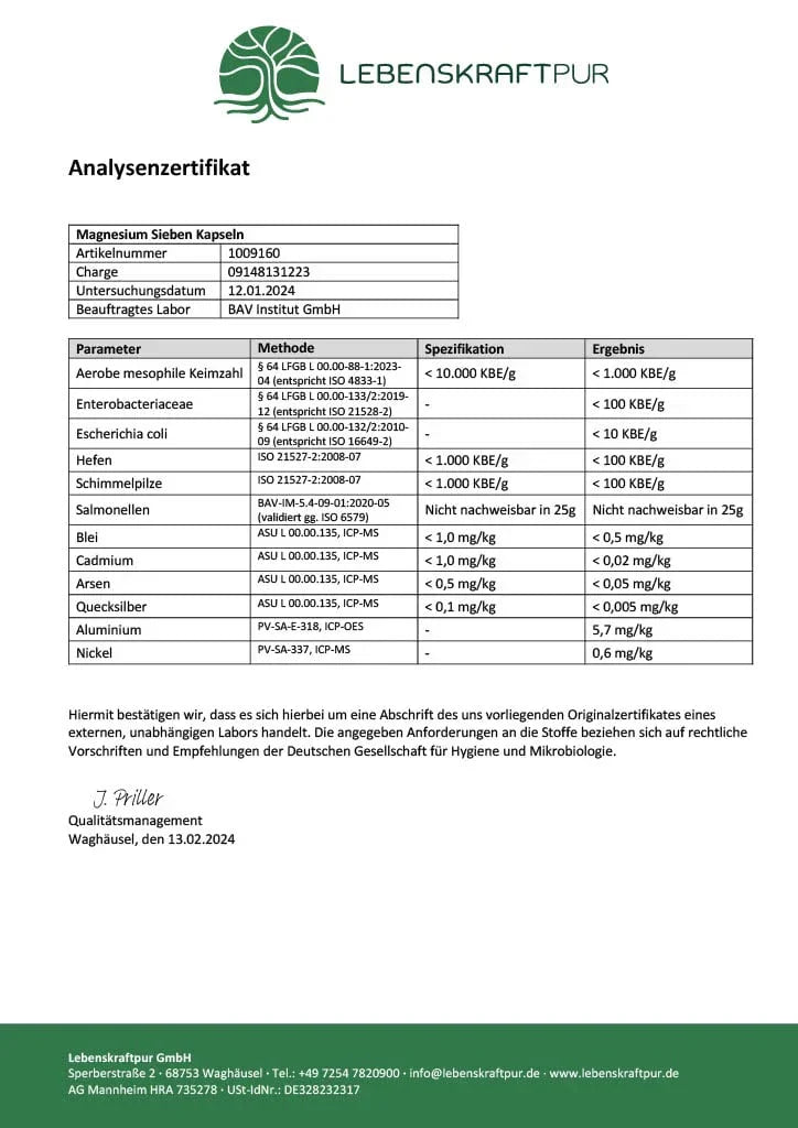 Lebenskraftpur Magnesium Sieben 60 Kapseln – Analysezertifikat, Qualitätsprüfung, geprüfte Inhaltsstoffe