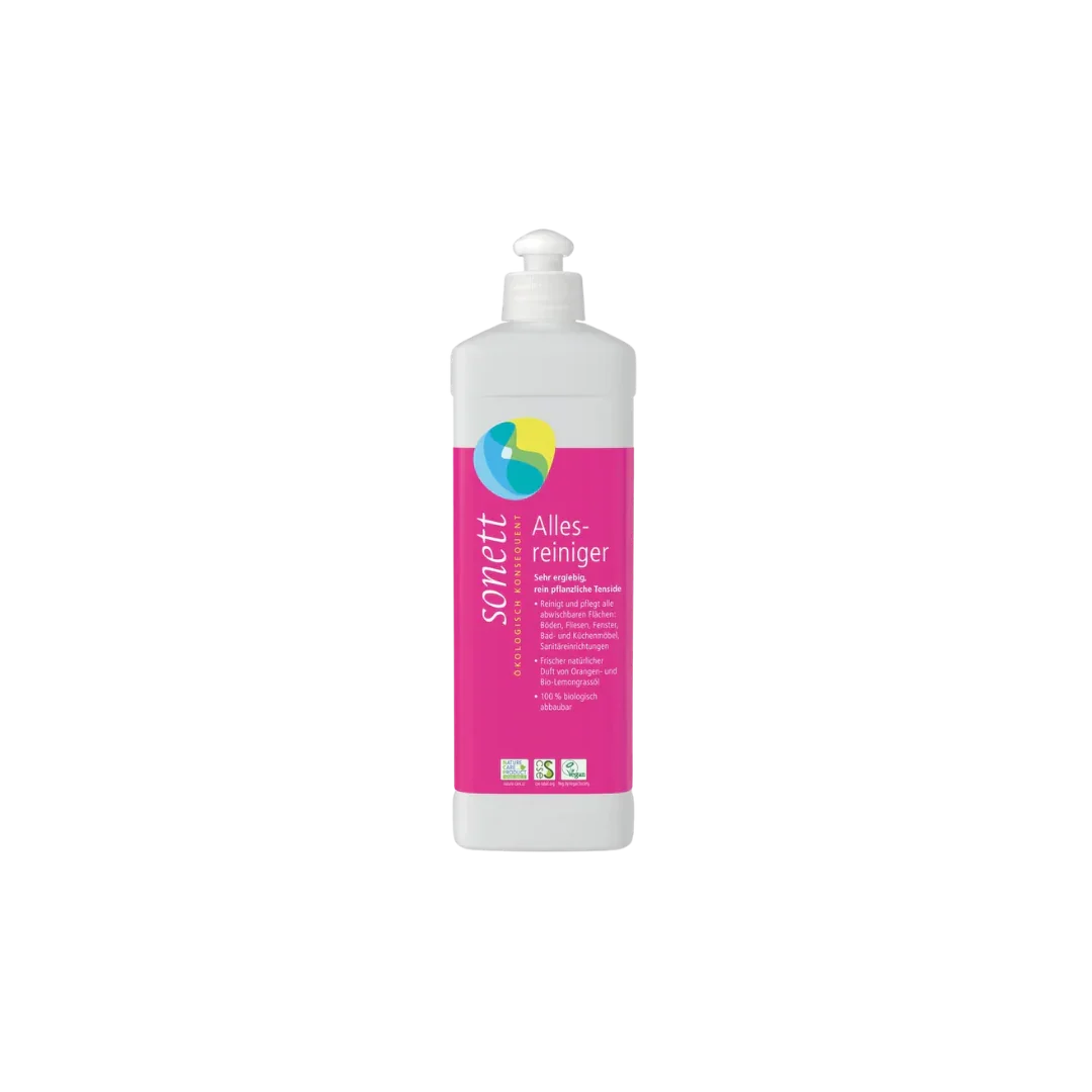 Sonett Allesreiniger 500ml – pflanzliche Tenside, vegan, Orangen- & Lemongrasöl, 100% biologisch abbaubar, transparenter Hintergrund
