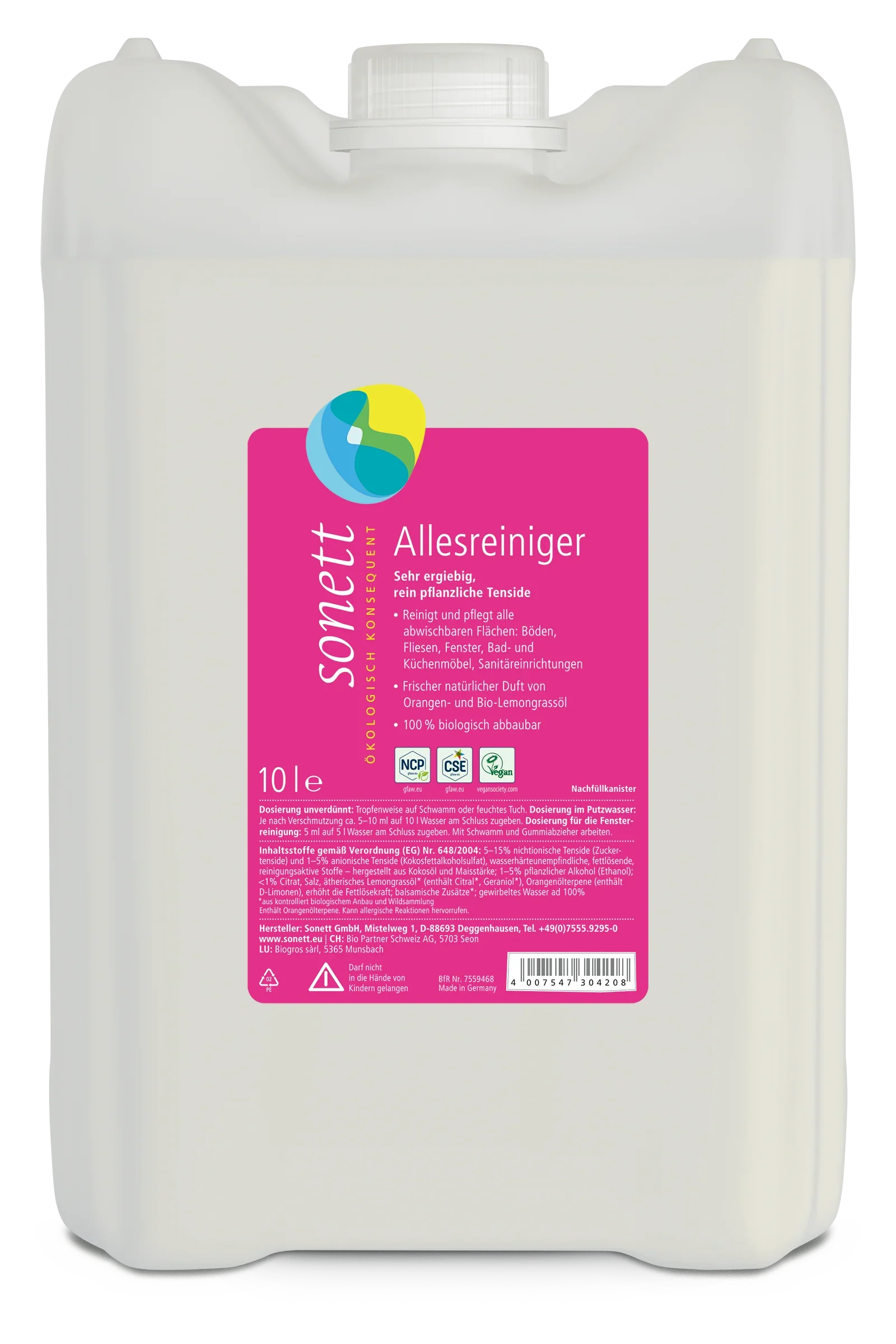 Sonett Allesreiniger 10 Liter Kanister – pflanzliche Tenside, vegan, 100% biologisch abbaubar, transparenter Hintergrund

