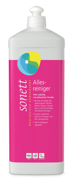 Sonett Allesreiniger 1 Liter – pflanzliche Tenside, vegan, Orangen- & Lemongrasöl, 100% biologisch abbaubar, transparenter Hintergrund
