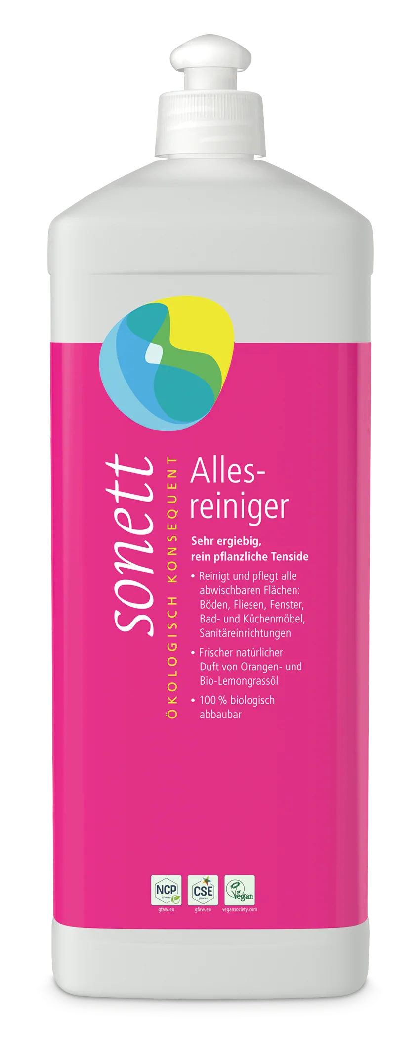 Sonett Allesreiniger 1 Liter – pflanzliche Tenside, vegan, Orangen- & Lemongrasöl, 100% biologisch abbaubar, transparenter Hintergrund

