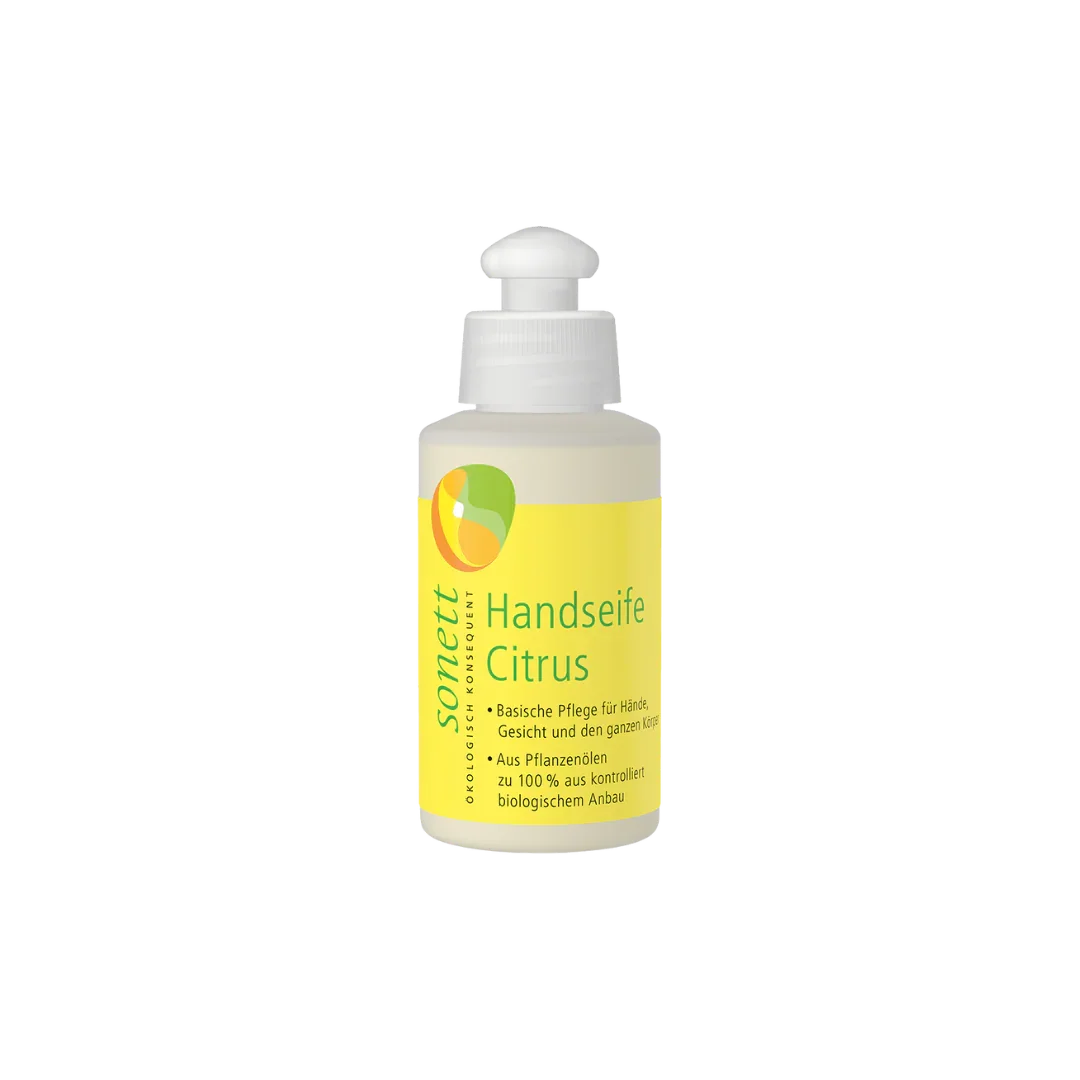 Sonett Handseife Citrus 120ml – pflanzlich, für Hände, Gesicht & ganzen Körper, 100% Bio-Pflanzenöle, transparenter Hintergrund
