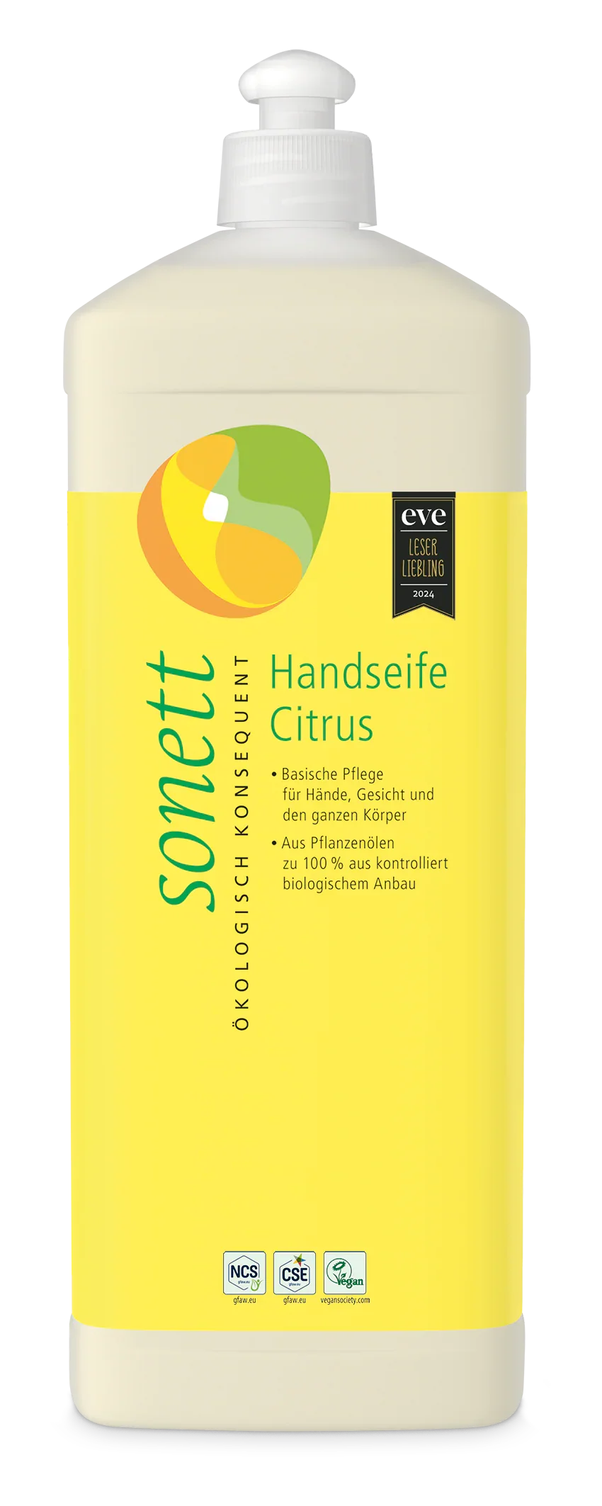 Sonett Handseife Citrus 1 Liter – pflanzlich, für Hände & ganzen Körper, eve-zertifiziert, transparenter Hintergrund

