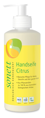 Sonett Handseife Citrus 300ml – pflanzlich, ökologisch konsequent, vegan, Pumpspender, transparenter Hintergrund
