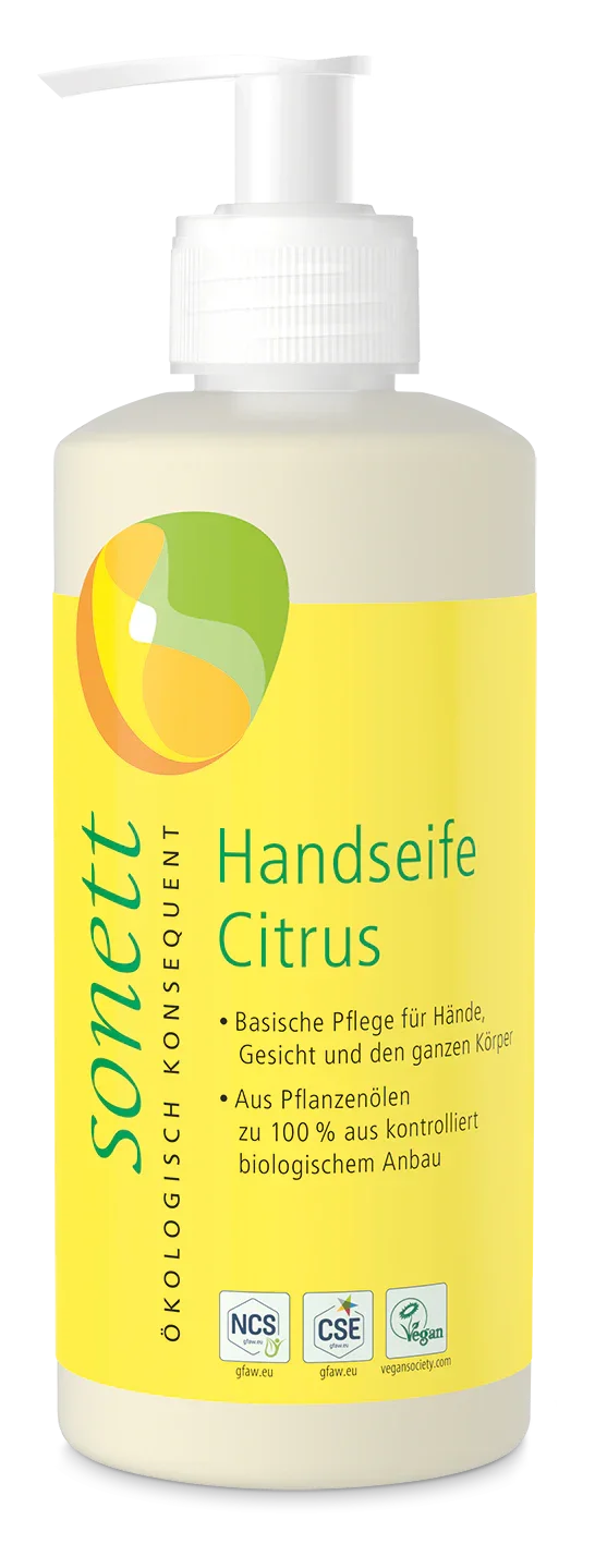 Sonett Handseife Citrus 300ml – pflanzlich, ökologisch konsequent, vegan, Pumpspender, transparenter Hintergrund
